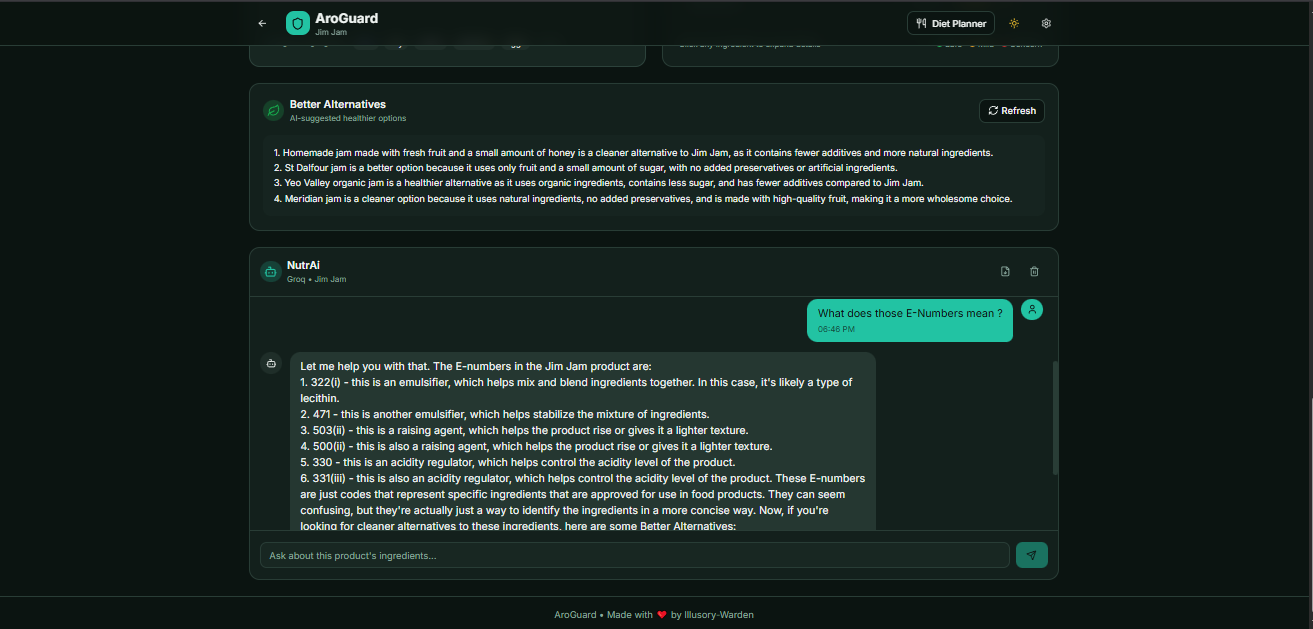 Screenshot of NutrAi chatbot interface