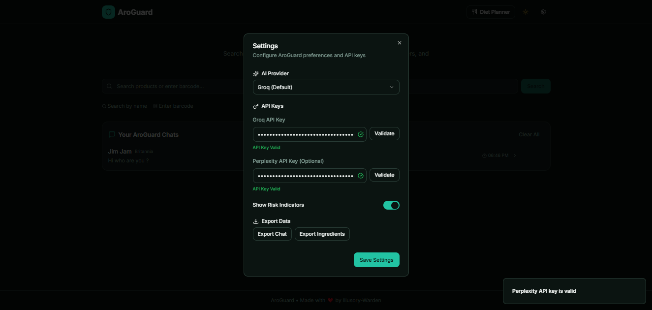 Screenshot of Settings modal