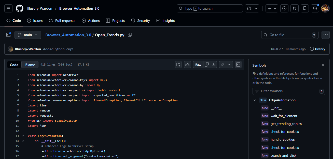 Python Selenium automation code showing browser control logic