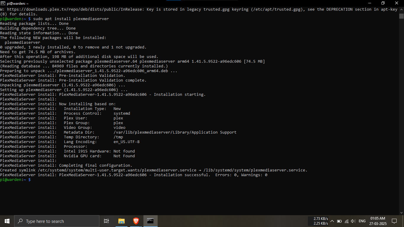 Plex Media Server interface running in Docker on Raspberry Pi